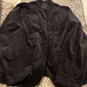 Black Velvet military jacket w bugle bead trim on neck and cuff.  Hook closure..